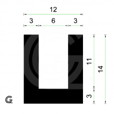 Rubber U Profile | inside size 6 mm | height 14 mm | thickness 3 mm | Per Meter